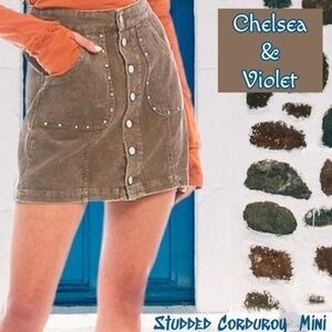 C & V Chelsea & Violet Mid Rise Studded Corduroy Mini Skirt in Brown